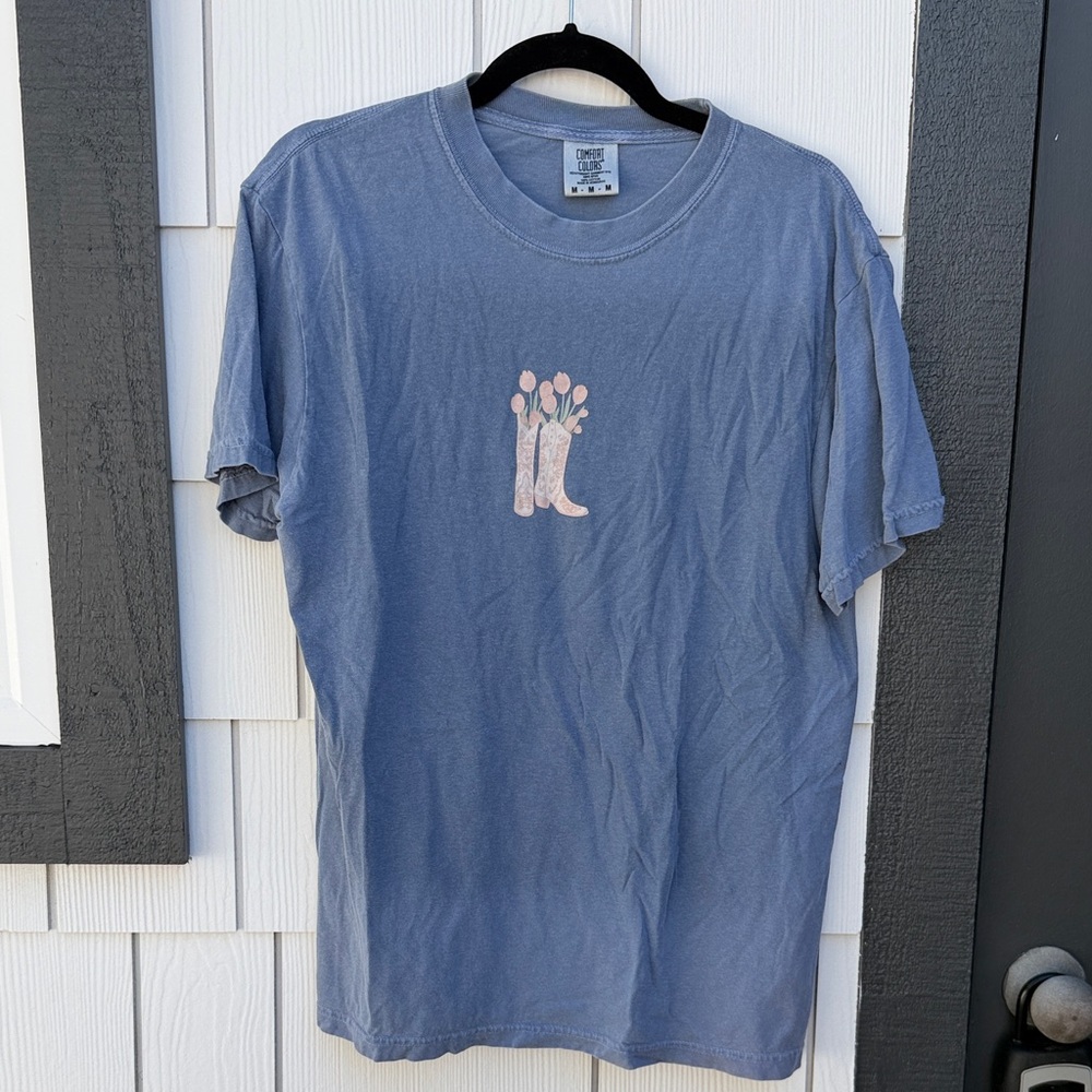Comfort Colors Slate Blue Short Sleeve Tee with Floral Boot Graphic